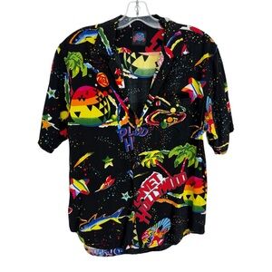 Vintage 90s Planet Hollywood Hawaiian All Over Print Button Up Shirt Size Medium